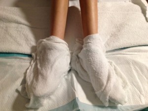 Achy feet wrapped in cold rags